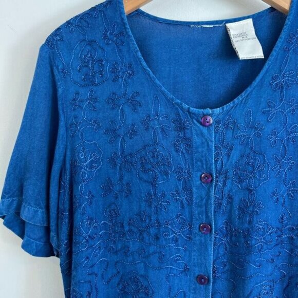 Vintage Women Medium Blue Embroidered Button Down Short Sleeve Shirt Top Peasant - Picture 12 of 13